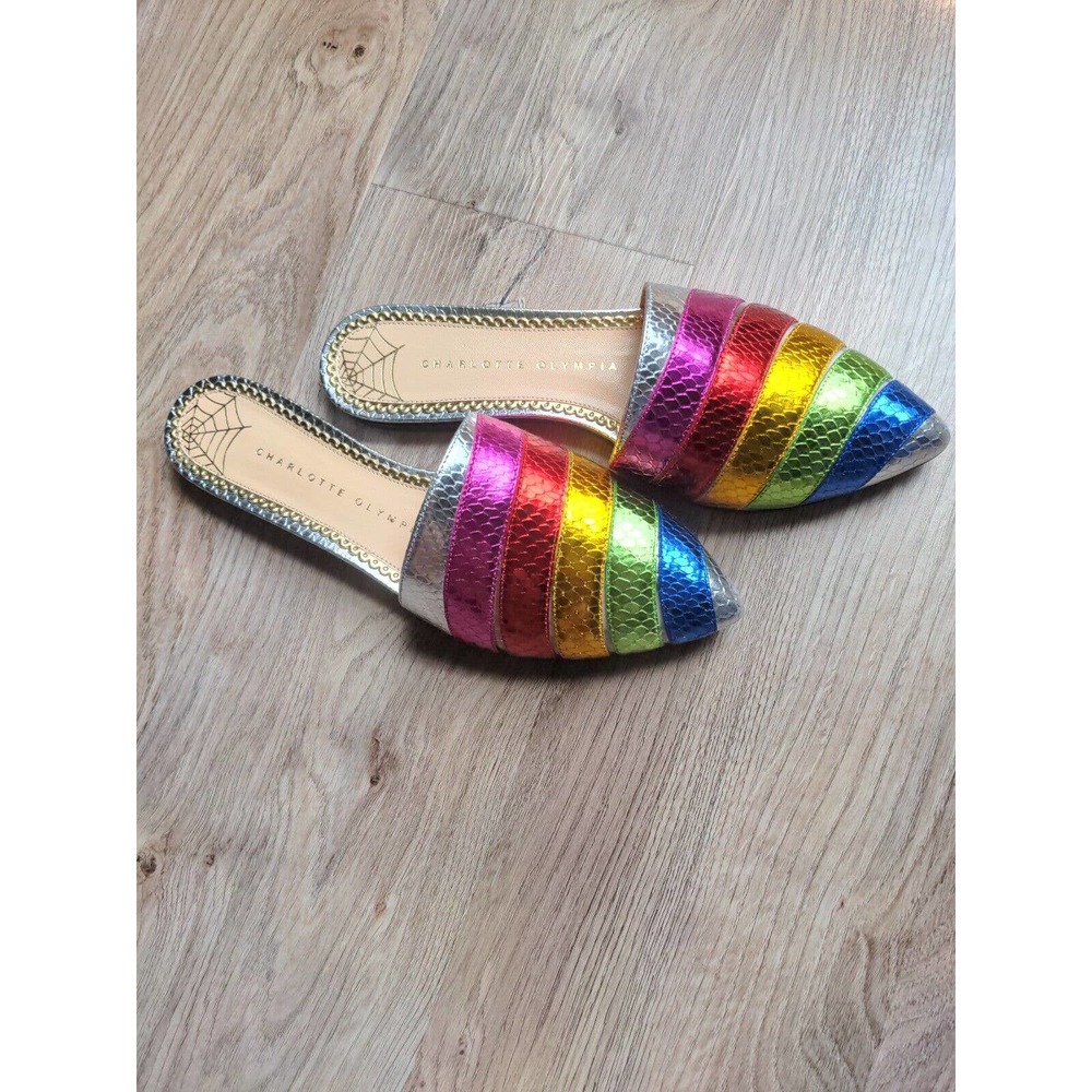 Charlotte Olympia Multicolor Metallic Rainbow Slip On Mule Flats Womens EU 36